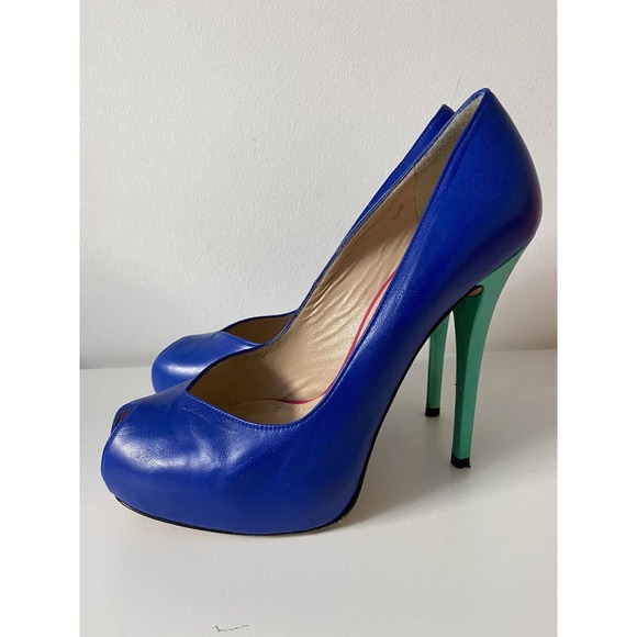 Stuart Weitzman Victoria Pump Ultramar Blue Colorblock Peep Toe Leather … - Picture 4 of 12